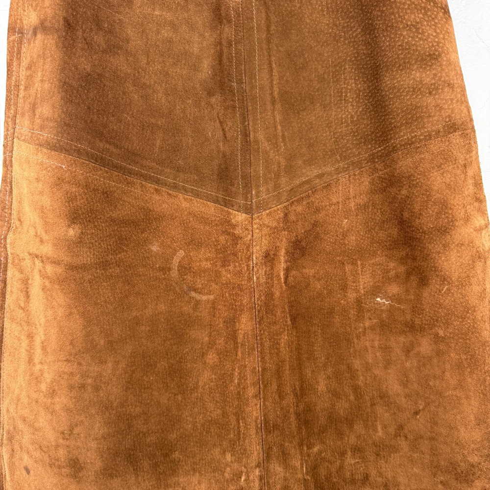 Vintage 70s Suede Leather Midi Skirt Women 26 Brown Western Boho Paneled A-Line - Picture 8 of 11